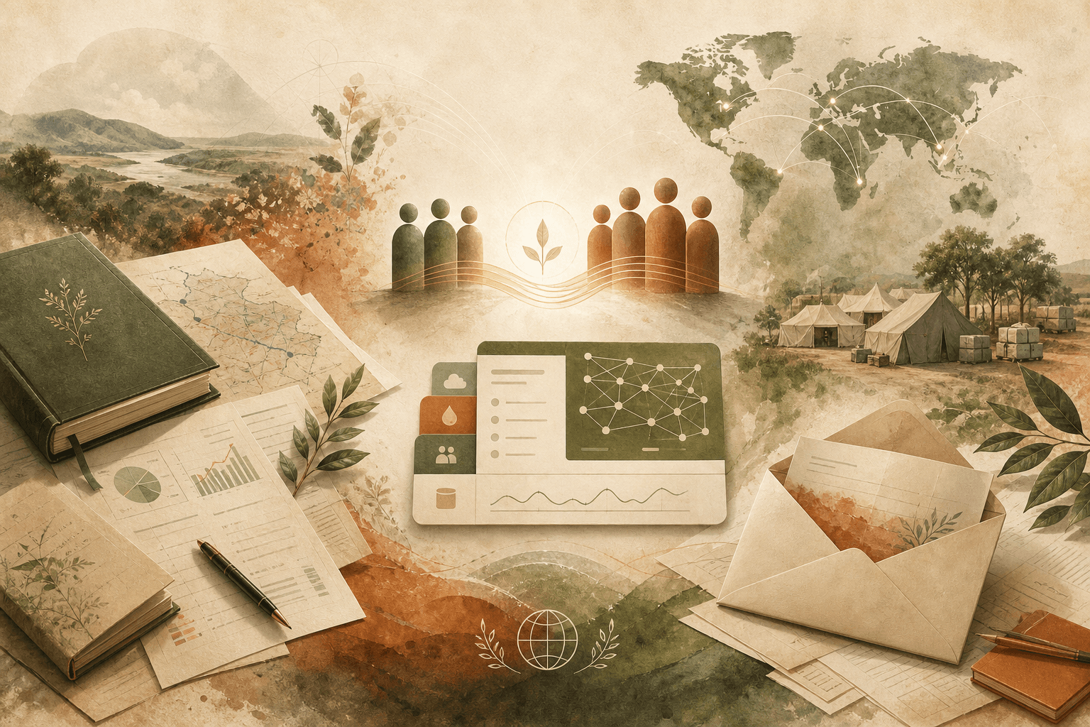 Generated stewardship visualization with public-interest documents, maps, API cards, and organizational handoff imagery
